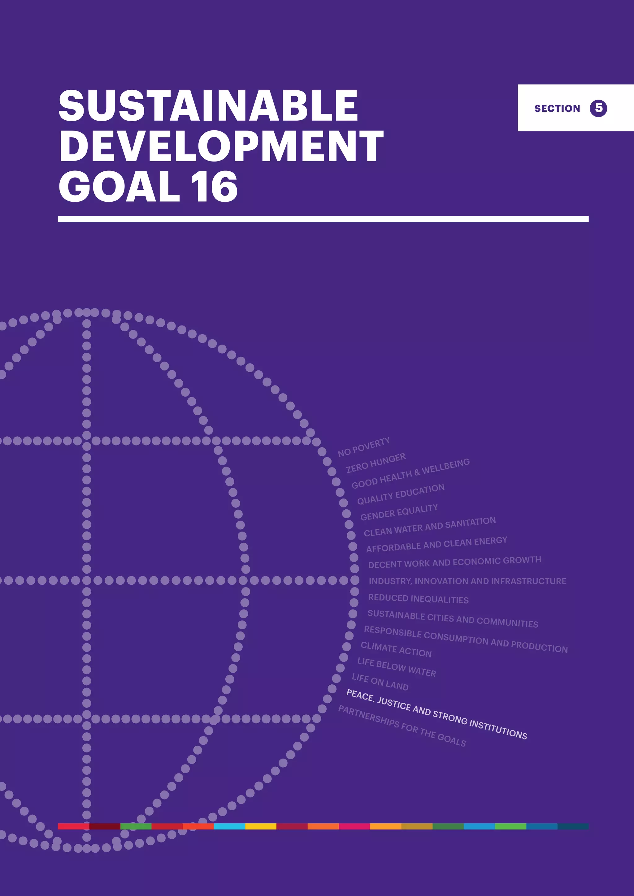 SUSTAINABLE
DEVELOPMENT
GOAL 16
5
NO POVERTY
ZERO HUNGER
GOOD HEALTH  WELLBEING
QUALITY EDUCATION
GENDER EQUALITY
CLEAN WATER AND SANITATION
AFFORDABLE AND CLEAN ENERGY
DECENT WORK AND ECONOMIC GROWTH
INDUSTRY, INNOVATION AND INFRASTRUCTURE
REDUCED INEQUALITIES
SUSTAINABLE CITIES AND COMMUNITIES
RESPONSIBLE CONSUMPTION AND PRODUCTION
CLIMATE ACTION
LIFE BELOW WATERLIFE ON LAND
PEACE, JUSTICE AND STRONG INSTITUTIONS
PARTNERSHIPS FOR THE GOALS
 