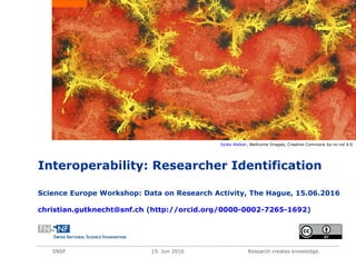 SNSF 15. Jun 2016 Research creates knowledge.
Interoperability: Researcher Identification
Science Europe Workshop: Data on Research Activity, The Hague, 15.06.2016
christian.gutknecht@snf.ch (http://orcid.org/0000-0002-7265-1692)
Spike Walker, Wellcome Images, Creative Commons by-nc-nd 4.0
 
