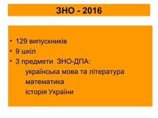 ЗНО - 2016
• 129 випускників
• 9 шкіл
• 3 предмети ЗНО-ДПА:
українська мова та література
математика
історія України
 