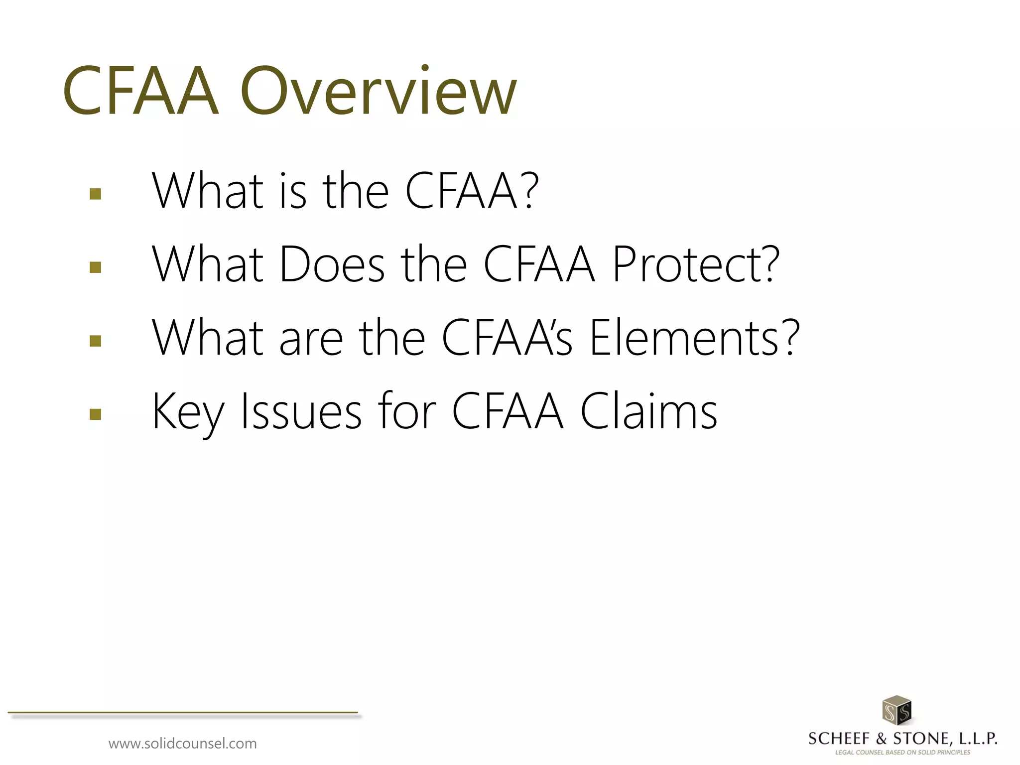 www.solidcounsel.com
CFAA Overview
 What is the CFAA?
 What Does the CFAA Protect?
 What are the CFAA’s Elements?
 Key Issues for CFAA Claims
 