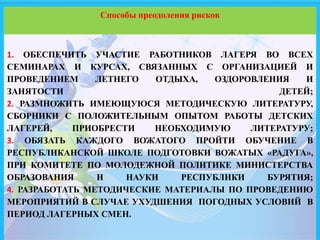 1. ОБЕСПЕЧИТЬ УЧАСТИЕ РАБОТНИКОВ ЛАГЕРЯ ВО ВСЕХ
СЕМИНАРАХ И КУРСАХ, СВЯЗАННЫХ С ОРГАНИЗАЦИЕЙ И
ПРОВЕДЕНИЕМ ЛЕТНЕГО ОТДЫХА, ОЗДОРОВЛЕНИЯ И
ЗАНЯТОСТИ ДЕТЕЙ;
2. РАЗМНОЖИТЬ ИМЕЮЩУЮСЯ МЕТОДИЧЕСКУЮ ЛИТЕРАТУРУ,
СБОРНИКИ С ПОЛОЖИТЕЛЬНЫМ ОПЫТОМ РАБОТЫ ДЕТСКИХ
ЛАГЕРЕЙ, ПРИОБРЕСТИ НЕОБХОДИМУЮ ЛИТЕРАТУРУ;
3. ОБЯЗАТЬ КАЖДОГО ВОЖАТОГО ПРОЙТИ ОБУЧЕНИЕ В
РЕСПУБЛИКАНСКОЙ ШКОЛЕ ПОДГОТОВКИ ВОЖАТЫХ «РАДУГА»,
ПРИ КОМИТЕТЕ ПО МОЛОДЕЖНОЙ ПОЛИТИКЕ МИНИСТЕРСТВА
ОБРАЗОВАНИЯ И НАУКИ РЕСПУБЛИКИ БУРЯТИЯ;
4. РАЗРАБОТАТЬ МЕТОДИЧЕСКИЕ МАТЕРИАЛЫ ПО ПРОВЕДЕНИЮ
МЕРОПРИЯТИЙ В СЛУЧАЕ УХУДШЕНИЯ ПОГОДНЫХ УСЛОВИЙ В
ПЕРИОД ЛАГЕРНЫХ СМЕН.
Способы преодоления рисков
 