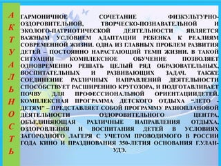 ГАРМОНИЧНОЕ СОЧЕТАНИЕ ФИЗКУЛЬТУРНО-
ОЗДОРОВИТЕЛЬНОЙ, ТВОРЧЕСКО-ПОЗНАВАТЕЛЬНОЙ И
ЭКОЛОГО-ПАТРИОТИЧЕСКОЙ ДЕЯТЕЛЬНОСТИ ЯВЛЯЕТСЯ
ВАЖНЫМ УСЛОВИЕМ АДАПТАЦИИ РЕБЕНКА К РЕАЛИЯМ
СОВРЕМЕННОЙ ЖИЗНИ. ОДНА ИЗ ГЛАВНЫХ ПРОБЛЕМ РАЗВИТИЯ
ДЕТЕЙ – ПОСТОЯННО НАРАСТАЮЩИЙ ТЕМП ЖИЗНИ. В ТАКОЙ
СИТУАЦИИ КОМПЛЕКСНОЕ ОБУЧЕНИЕ ПОЗВОЛЯЕТ
ОДНОВРЕМЕННО РЕШАТЬ ЦЕЛЫЙ РЯД ОБРАЗОВАТЕЛЬНЫХ,
ВОСПИТАТЕЛЬНЫХ И РАЗВИВАЮЩИХ ЗАДАЧ. ТАКЖЕ
СОЕДИНЕНИЕ РАЗЛИЧНЫХ НАПРАВЛЕНИЙ ДЕЯТЕЛЬНОСТИ
СПОСОБСТВУЕТ РАСШИРЕНИЮ КРУГОЗОРА, И ПОДГОТАВЛИВАЕТ
ПОЧВУ ДЛЯ ПРОФЕССИОНАЛЬНОЙ ОРИЕНТАЦИИДЕТЕЙ.
КОМПЛЕКСНАЯ ПРОГРАММА ДЕТСКОГО ОТДЫХА “ЛЕТО -
ДЕТЯМ” – ПРЕДСТАВЛЯЕТ СОБОЙ ПРОГРАММУ РАЗНОПЛАНОВОЙ
ДЕЯТЕЛЬНОСТИ ОЗДОРОВИТЕЛЬНОГО ЦЕНТРА,
ОБЪЕДИНЯЮЩАЯ РАЗЛИЧНЫЕ НАПРАВЛЕНИЯ ОТДЫХА,
ОЗДОРОВЛЕНИЯ И ВОСПИТАНИЯ ДЕТЕЙ В УСЛОВИЯХ
ЗАГОРОДНОГО ЛАГЕРЯ С УЧЕТОМ ПРОВОДИМОГО В РОССИИ
ГОДА КИНО И ПРАЗДНОВАНИЯ 350-ЛЕТИЯ ОСНОВАНИЯ Г.УЛАН-
УДЭ.
А
К
Т
У
А
Л
Ь
Н
О
С
Т
Ь
 