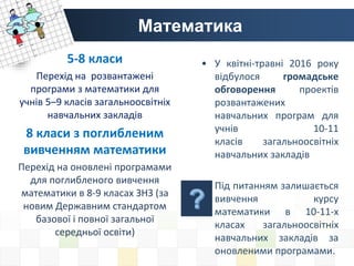 Математика
5-8 класи
Перехід на розвантажені
програми з математики для
учнів 5–9 класів загальноосвітніх
навчальних закладів
8 класи з поглибленим
вивченням математики
Перехід на оновлені програмами
для поглибленого вивчення
математики в 8-9 класах ЗНЗ (за
новим Державним стандартом
базової і повної загальної
середньої освіти)
• У квітні-травні 2016 року
відбулося громадське
обговорення проектів
розвантажених
навчальних програм для
учнів 10-11
класів загальноосвітніх
навчальних закладів
• Під питанням залишається
вивчення курсу
математики в 10-11-х
класах загальноосвітніх
навчальних закладів за
оновленими програмами.
 