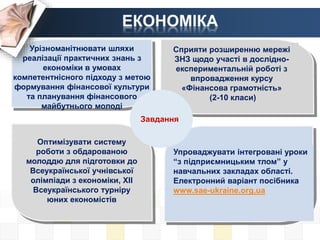 Урізноманітнювати шляхи
реалізації практичних знань з
економіки в умовах
компетентнісного підходу з метою
формування фінансової культури
та планування фінансового
майбутнього молоді
Сприяти розширенню мережі
ЗНЗ щодо участі в дослідно-
експериментальній роботі з
впровадження курсу
«Фінансова грамотність»
(2-10 класи)
Оптимізувати систему
роботи з обдарованою
молоддю для підготовки до
Всеукраїнської учнівської
олімпіади з економіки, ХІІ
Всеукраїнського турніру
юних економістів
Упроваджувати інтегровані уроки
“з підприємницьким тлом” у
навчальних закладах області.
Електронний варіант посібника
www.sae-ukraine.org.ua
Завдання
 