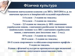 Фізична культура
Типовими навчальними планами для ЗНЗ у 2015/2016 н. р. на
вивчення предмета в інваріантній складовій передбачено:
1-4 класи – 3 години на тиждень;
5-6 класи – 3 години на тиждень;
7 класи – 2,5 години на тиждень (у ЗНЗ з навчанням
українською мовою, з навчанням російською чи іншою мовою
національних меншин та в ЗНЗ з навчанням українською
мовою, з вивченням двох іноземних мов – 2 год.);
8-9 класи – 3 години на тиждень;
10-11 класи – 2 години на тиждень;
10-11 класи спортивного та військово-спортивного профілів –
5 годин на тиждень.
Години з фізичної культури не враховуються при визначенні
гранично допустимого навантаження учнів.
 