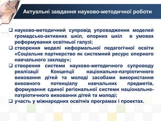 Актуальні завдання науково-методичної роботи
 науково-методичний супровід упровадження моделей
громадсько-активних шкіл, опорних шкіл в умовах
реформування освітньої галузі;
 створення моделі неформальної педагогічної освіти
«Соціальне партнерство як системний ресурс опорного
навчального закладу»;
 cтворення системи науково-методичного супроводу
реалізації Концепції національно-патріотичного
виховання дітей та молоді засобами використання
виховного потенціалу навчальних предметів,
формування єдиної регіональної системи національно-
патріотичного виховання дітей та молоді;
 участь у міжнародних освітніх програмах і проектах.
 