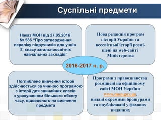 Суспільні предмети
Програми з правознавства
розміщені на офіційному
сайті МОН України
www.mon.gov.ua,
видані окремими брошурами
та опубліковані у фахових
виданнях
Наказ МОН від 27.05.2016
№ 586 “Про затвердження
переліку підручників для учнів
8 класу загальноосвітніх
навчальних закладів”
Нова редакція програм
з історії України та
всесвітньої історії розмі-
щені на web-сайті
Міністерства
Поглиблене вивчення історії
здійснюється за чинною програмою
з історії для звичайних класів
з урахуванням більшого обсягу
часу, відведеного на вивчення
предмета
2016-2017 н. р.
 