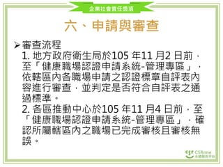 企業社會責任獎項
六、申請與審查
審查流程
1. 地方政府衛生局於105 年11 月2 日前，
至「健康職場認證申請系統-管理專區」，
依轄區內各職場申請之認證標章自評表內
容進行審查，並判定是否符合自評表之通
過標準。
2. 各區推動中心於105 年11 月4 日前，至
「健康職場認證申請系統-管理專區」，確
認所屬轄區內之職場已完成審核且審核無
誤。
 