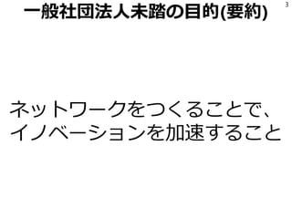 一般社団法人未踏の目的(要約)
ネットワークをつくることで、
イノベーションを加速すること
3
 