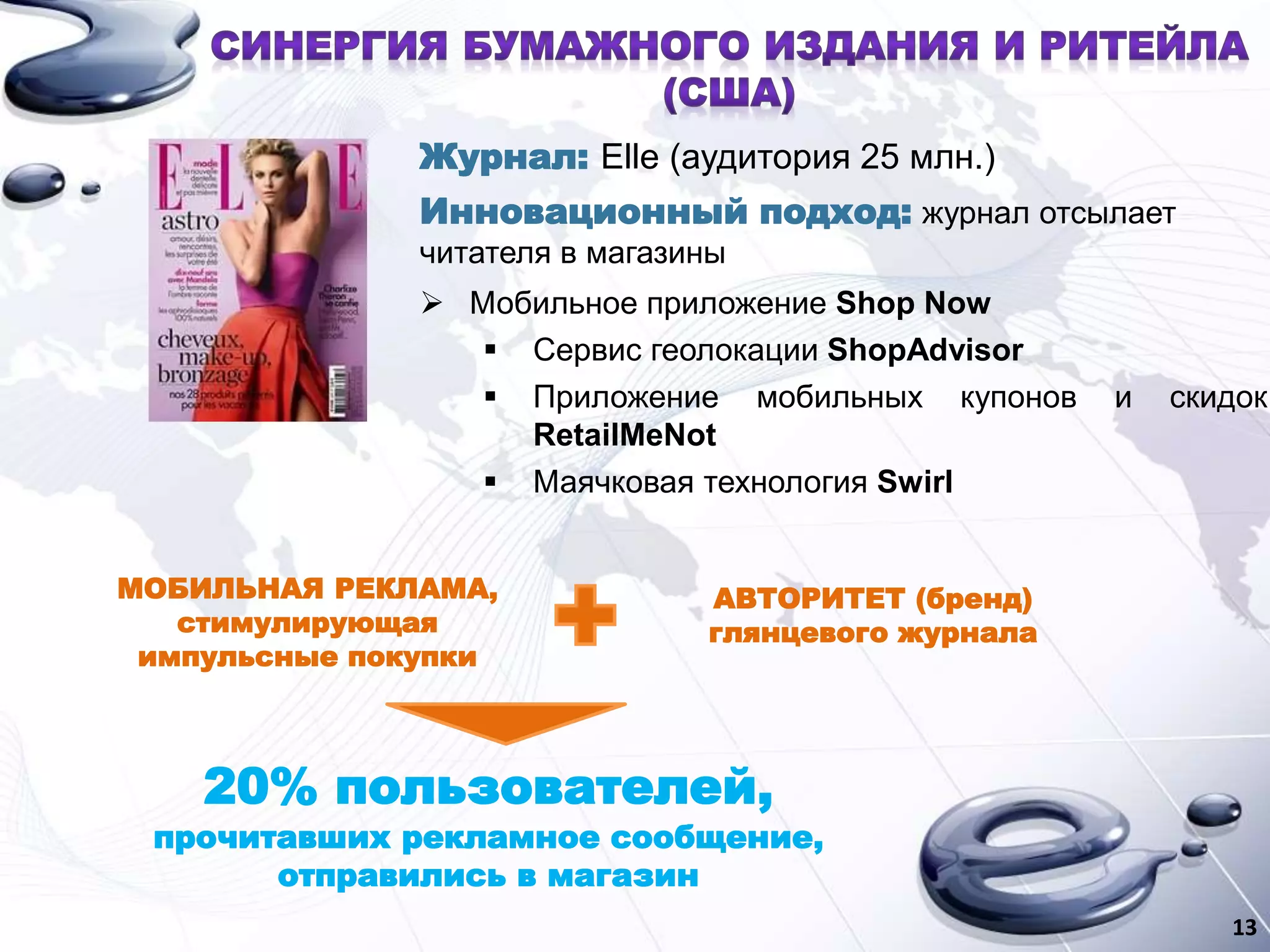 13
20% пользователей,
прочитавших рекламное сообщение,
отправились в магазин
Журнал: Elle (аудитория 25 млн.)
Инновационный подход: журнал отсылает
читателя в магазины
 Мобильное приложение Shop Now
 Сервис геолокации ShopAdvisor
 Приложение мобильных купонов и скидок
RetailMeNot
 Маячковая технология Swirl
МОБИЛЬНАЯ РЕКЛАМА,
стимулирующая
импульсные покупки
АВТОРИТЕТ (бренд)
глянцевого журнала
13
 