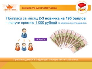 ПОДАРОК
Пригласи за месяц 2-3 новичка на 195 баллов
– получи премию 1 000 рублей за каждого приглашенного
 