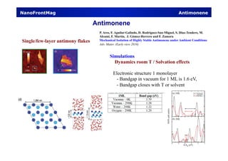 Antimonene
NanoFrontMag Antimonene
P. Ares, F. Aguilar-Galindo, D. Rodriguez-San-Miguel, S. Díaz-Tendero, M.
Alcamí, F. Martín, J. Gómez-Herrero and F. Zamora
Mechanical Isolation of Highly Stable Antimonene under Ambient Conditions
Adv. Mater. (Early view 2016)
Single/few-layer antimony flakes
Simulations
Dynamics room T / Solvation effects
Electronic structure 1 monolayer
- Bandgap in vacuum for 1 ML is 1.6 eV,
- Bandgap closes with T or solvent
 