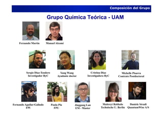 Grupo Química Teórica - UAM
Composición del Grupo
Fernando Martín
Sergio Diaz-Tendero
Investigador RyC
Yang Wang
Ayudante doctor
Manuel Alcamí
Cristina Díaz
Investigadora RyC
Michelle Pisarra
Contrato Postdoctoral
Daniele Stradi
QuantumWise A/S
Maitreyi Robledo
Technische U. Berlin
Paula Pla
FPU
Fernando Aguilar-Galindo
FPI
Jinggang Lan
EM - Master
 