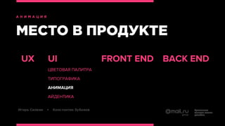 UX UI FRONT END BACK END
ЦВЕТОВАЯ ПАЛИТРА
ТИПОГРАФИКА
АНИМАЦИЯ
АЙДЕНТИКА
 