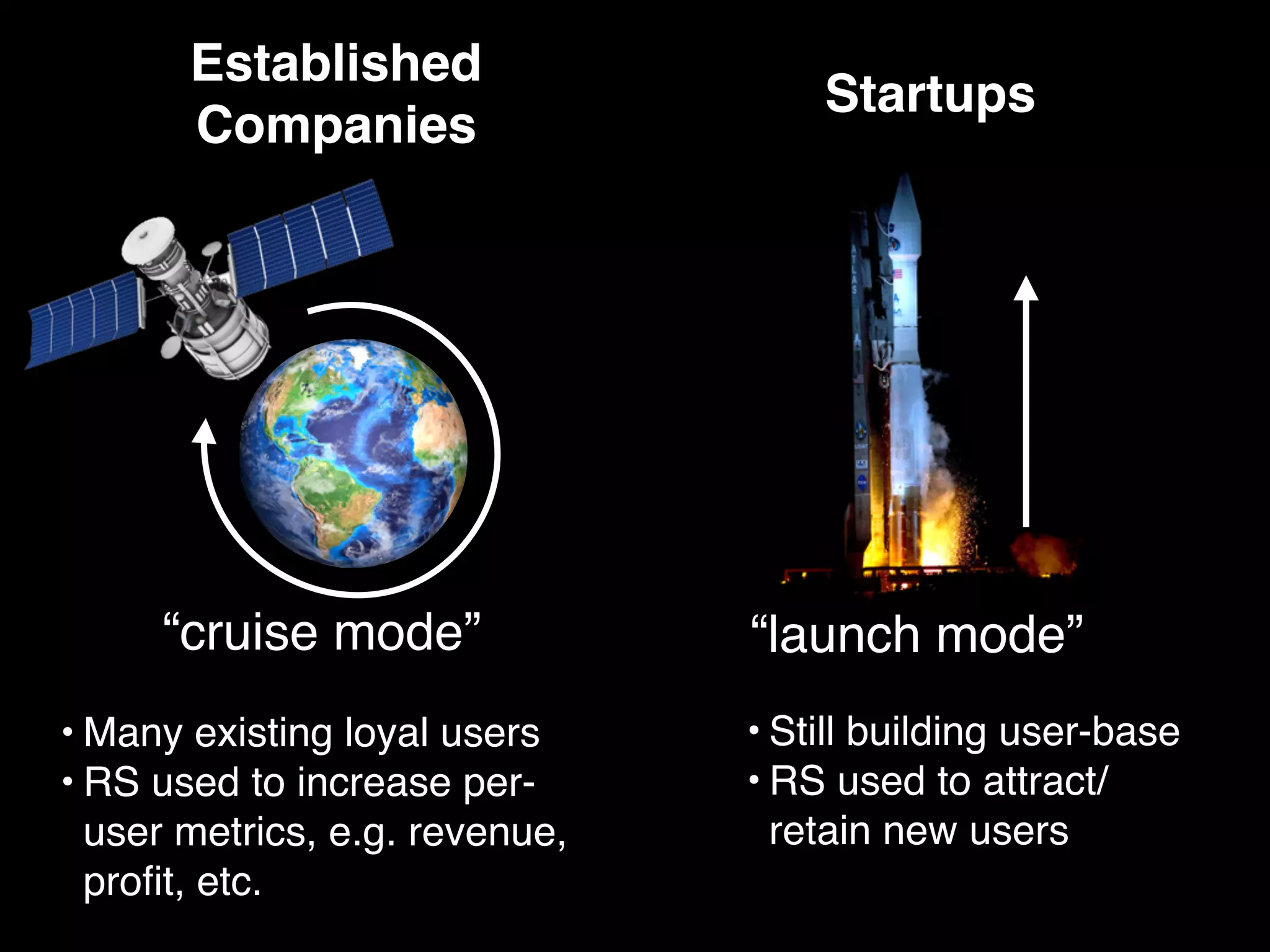 Established
Companies
Startups
“cruise mode”
• Many existing loyal users
• RS used to increase per-
user metrics, e.g. revenue,
proﬁt, etc.
“launch mode”
• Still building user-base
• RS used to attract/
retain new users
15
 