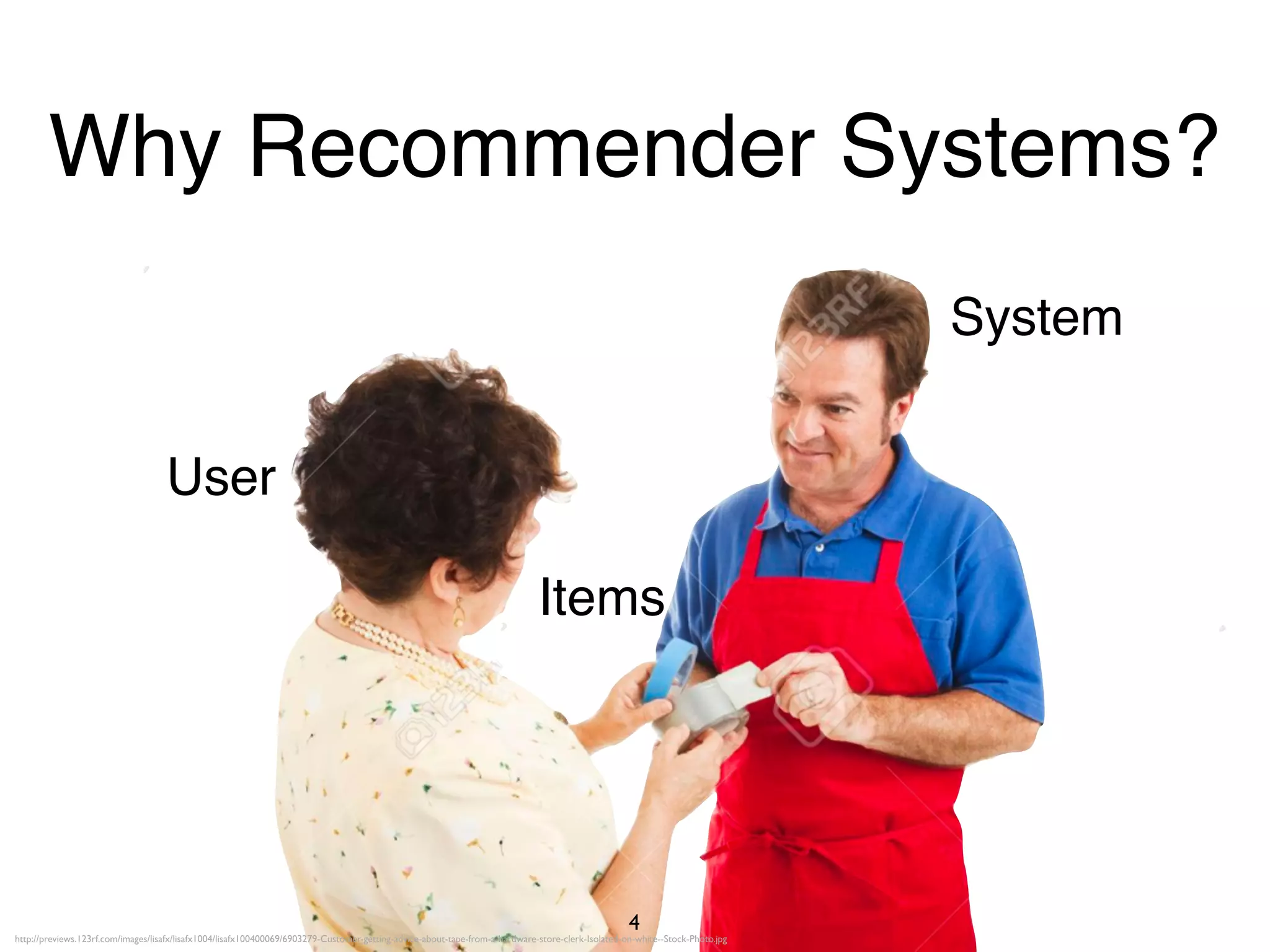 http://previews.123rf.com/images/lisafx/lisafx1004/lisafx100400069/6903279-Customer-getting-advice-about-tape-from-a-hardware-store-clerk-Isolated-on-white--Stock-Photo.jpg
4
Why Recommender Systems?
User
System
Items
 