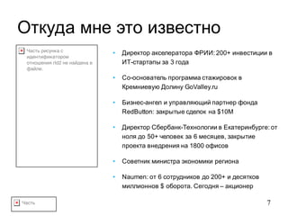 Часть 7
Откуда мне это известно
• Директор акселератора ФРИИ: 200+ инвестиции в
ИТ-стартапы за 3 года
• Со-основатель программа стажировок в
Кремниевую Долину GoValley.ru
• Бизнес-ангел и управляющий партнер фонда
RedButton: закрытые сделок на $10M
• Директор Сбербанк-Технологии в Екатеринбурге: от
ноля до 50+ человек за 6 месяцев, закрытие
проекта внедрения на 1800 офисов
• Советник министра экономики региона
• Naumen: от 6 сотрудников до 200+ и десятков
миллионнов $ оборота. Сегодня – акционер
Часть рисунка с
идентификатором
отношения rId2 не найдена в
файле.
 