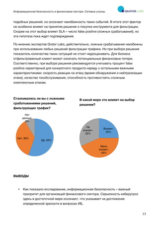 Информационная безопасность в финансовом секторе. Сетевые угрозы
	
	
	
13	
подобных решений, но осознают неизбежность таких событий. В итоге этот фактор
не особенно влияет на принятие решения о покупке инструмента для фильтрации.
Скорее на этот выбор влияет SLA – число false positive (ложных срабатываний), но
эта гипотеза пока ждет подтверждения.
По мнению экспертов Qrator Labs, действительно, ложные срабатывания неизбежны
при использовании любых решений фильтрации трафика. Но при выборе решения
показатель количества таких ситуаций не стоит недооценивать. Для бизнеса
отфильтрованный клиент может означать потенциальные финансовые потери.
Соответственно, при выборе решения рекомендуется учитывать процент false
positive характерный для конкретного продукта наряду с остальными важными
характеристиками: скорость реакции на атаку (время обнаружения и нейтрализации
атаки), качество техобслуживания, способность противостоять сложным
комплексным атакам.
Сталкивались ли вы с ложными
срабатываниями решений,
фильтрующих трафик?
В какой мере это влияет на выбор
решения?
ВЫВОДЫ
• Как показало исследование, информационная безопасность – важный
приоритет для организаций финансового сектора. Серьезность киберугроз
здесь в достаточной мере осознают, что указывает на достижение
определенной зрелости в вопросах ИБ.
Да; 55%
Нет; 36%
Нет
данных;
9%
Влияет;
25%
Мало
влияет;
43%
Не
влияет;
32%
 