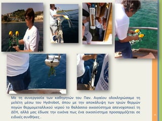 Με	 τη	 συνεργασία	 των	 καθηγητών	 του	 Παν.	 Αιγαίου	 ολοκληρώσαμε	 τη	
μελέτη	 μέσω	 του	 Hydrobot,	 όπου	 με	 την	 αποκάλυψη	 των	 τριών	 θερμών	
πηγών	θερμομεταλλικού	νερού	το	θαλάσσιο	οικοσύστημα	απενοχοποιεί	τη	
ΔΕΗ,	αλλά	μας	έδωσε	την	εικόνα	πως	ένα	οικοσύστημα	προσαρμόζεται	σε	
ειδικές	συνθήκες	.		
4	
 
