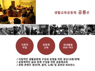 생활교육공동체 공룡은
사회적
작업
공동체
교육
연대활동
문화+액션
/ 자립적인 생활공동체 구성과 운영을 위한 생산/교환/판매
/ 공동체적인 삶과 관계 구성을 위한 공동체교육
/ 문화 콘텐츠 생산(책, 음악, 노래) 및 ...