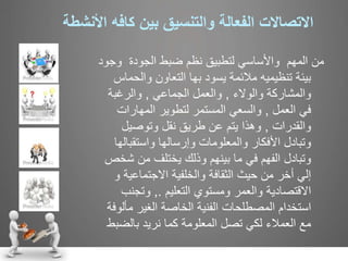 ‫االتصاالت‬‫كافه‬ ‫بين‬ ‫والتنسيق‬ ‫الفعالة‬‫األنشطة‬
‫و‬ ‫الجودة‬ ‫ضبط‬ ‫نظم‬ ‫لتطبيق‬ ‫واألساسي‬ ‫المهم‬ ‫من‬‫جود‬
‫والح‬ ‫التعاون‬ ‫بها‬ ‫يسود‬ ‫مالئمة‬ ‫تنظيميه‬ ‫بيئة‬‫ماس‬
‫والوالء‬ ‫والمشاركة‬,‫الجماعي‬ ‫والعمل‬,‫والرغبة‬
‫العمل‬ ‫في‬,‫المهارات‬ ‫لتطوير‬ ‫المستمر‬ ‫والسعي‬
‫والقدرات‬,‫وتوصيل‬ ‫نقل‬ ‫طريق‬ ‫عن‬ ‫يتم‬ ‫وهذا‬
‫واستقبا‬ ‫وإرسالها‬ ‫والمعلومات‬ ‫األفكار‬ ‫وتبادل‬‫لها‬
‫في‬ ‫الفهم‬ ‫وتبادل‬‫بينهم‬ ‫ما‬‫ش‬ ‫من‬ ‫يختلف‬ ‫وذلك‬‫خص‬
‫االجتماعي‬ ‫والخلفية‬ ‫الثقافة‬ ‫حيث‬ ‫من‬ ‫أخر‬ ‫إلي‬‫و‬ ‫ة‬
‫االقتصادية‬‫التعليم‬ ‫ومستوي‬ ‫والعمر‬.,‫وتجن‬‫ب‬
‫المصطلحات‬ ‫استخدام‬‫الخاصة‬ ‫الفنية‬‫مأل‬ ‫الغير‬‫وفة‬
‫بالض‬ ‫نريد‬ ‫كما‬ ‫المعلومة‬ ‫تصل‬ ‫لكي‬ ‫العمالء‬ ‫مع‬‫بط‬
 