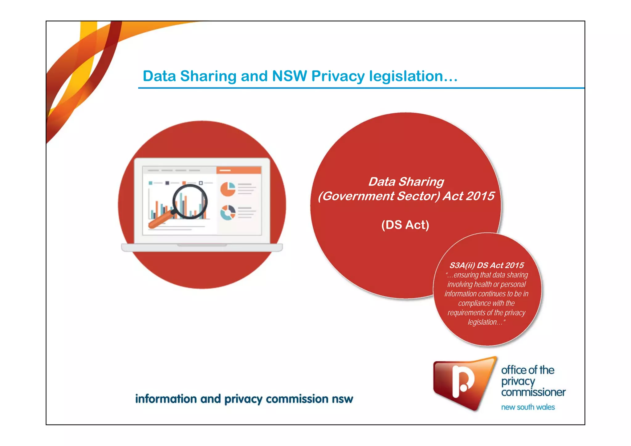 Data Sharing and NSW Privacy legislation…
Data Sharing
(Government Sector) Act 2015
(DS Act)
S3A(ii) DS Act 2015
“…ensuring that data sharing
involving health or personal
information continues to be in
compliance with the
requirements of the privacy
legislation…”
 