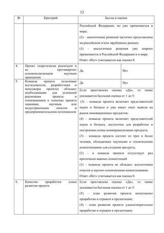 12
№ Критерий Баллы и оценка
Российской Федерации, но уже применяются в
мире;
(2) – аналогичные решения частично представлены
на российском и/или зарубежных рынках;
(1) – аналогичные решения уже широко
применяются в Российской Федерации и в мире.
Ответ «Нет» учитывается как оценка 0.
4. Проект теоретически реализуем и
не противоречит
основополагающим научным
принципам
Да Нет
5. Команда проекта (ключевые
исследователи, разработчики и
менеджеры проекта) обладает
необходимыми для успешной
реализации проекта и
относящимися к тематике проекта
знаниями, научным или
индустриальным опытом и
предпринимательским потенциалом
Да Нет
Если проставлена оценка «Да», то также
указывается балльная оценка от 1 до 5:
(5) – команда проекта включает представителей
науки и бизнеса и уже имеет опыт вывода на
рынок инновационных продуктов;
(4) – команда проекта включает представителей
науки и бизнеса, достаточна для разработки и
построения схемы коммерциализации продукта;
(3) – команда проекта состоит из трех и более
человек, обладающих научными и техническими
компетенциями для создания продукта;
(2) – в команде проекта отсутствует ряд
критически важных компетенций
(1) – команда проекта не обладает достаточным
опытом и научно-техническими компетенциями.
Ответ «Нет» учитывается как оценка 0.
6. Качество проработки плана
развития проекта
Если проставлена оценка «Да», то также
указывается балльная оценка от 1 до 5:
(5) – план развития проекта качественно
проработан и отражен в презентации;
(4) – план развития проекта удовлетворительно
проработан и отражен в презентации;
 
