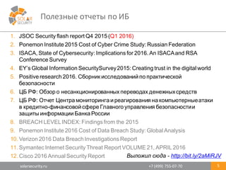 solarsecurity.ru +7	
  (499)	
  755-­‐07-­‐70
Полезные	
  отчеты	
  по	
  ИБ
5
1. JSOC  Security  flash report Q4 2015 (Q1  2016)
2. Ponemon Institute 2015  Cost  of  Cyber  Crime  Study:  Russian  Federation
3. ISACA,  State  of  Cybersecurity:  Implications  for 2016.  An  ISACA  and  RSA  
Conference  Survey
4. EY’s  Global  Information  SecuritySurvey2015:  Creating  trust  in  the  digital  world
5. Positive  research  2016.  Сборник  исследований  по  практической  
безопасности  
6. ЦБ  РФ:  Обзор  о  несанкционированных  переводах  денежных  средств
7. ЦБ  РФ:  Отчет  Центра  мониторинга  и  реагирования  на  компьютерные  атаки  
в  кредитно-­финансовой  сфере  Главного  управления  безопасности  и  
защиты  информации  Банка  России
8. BREACH  LEVEL  INDEX:  Findings  from  the  2015  
9. Ponemon Institute  2016  Cost  of  Data  Breach  Study:  Global  Analysis
10. Verizon  2016  Data  Breach  Investigations  Report
11. Symantec  Internet  Security  Threat  Report  VOLUME  21,  APRIL  2016
12. Cisco  2016  Annual  Security  Report Выложил  сюда  -­ http://bit.ly/2aMiRJV
 