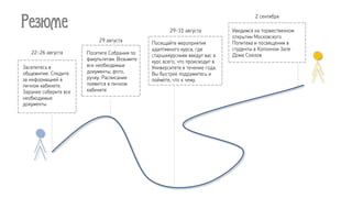 Резюме
Посетите собрание
своего факультета.
Возьмите все
необходимые
документы, фото,
ручку. Расписание
появится в личном
кабинете
Заселитесь в нужное
общежитие. Следите
за информацией в
личном кабинете.
Заранее соберите
все необходимые
документы
Посещайте мероприятия
адаптивного курса, где
старшекурсники введут вас в
курс всего, что происходит в
Университете в течение года.
Вы быстрее подружитесь и
поймёте, что к чему.
Увидимся на торжественном
открытии Московского
Политеха и посвящении в
студенты в Колонном Зале
Дома Союзов
 