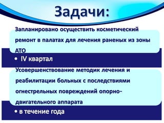 Запланировано осуществить косметический
ремонт в палатах для лечения раненых из зоны
АТО
Усовершенствование методик лечения и
реабилитации больных с последствиями
огнестрельных повреждений опорно-
двигательного аппарата
 