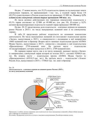 1.2. Издательская система России22
На рис. 17 можно видеть, что 35,3% издательств страны за год выпускает книги
совокупным тиражом, не превышающим 1 тыс. экз., а годовой тираж более 3/4
(82,5%) существующих в России издательств не превышает 12 000 экз. Только у 1,5%
издательств совокупный годовой тираж превышает 500 тыс. экз.
Из числа активно действующих (по тиражным показателям) издательств у
65,1% тираж составляет от 12 000 до 49 000 экз. (см. рис. 19). И только у 8,5%
активно функционирующих издательств годовой тираж превышает 500 000 экз.
На рис. 20–21 представлены доли издательств – ключевых игроков на книжном
рынке России в 2015 г. по числу выпущенных названий книг и по совокупному
тиражу.
В табл. 10 представлен рейтинг издательств по основным показателям
деятельности. По числу выпущенных названий его возглавляет издательская группа
«Эксмо», выпустившая в 2015 г. в совокупности с входящими в неё импринтами
14603 названий книг и брошюр. Второе место занимает издательская группа «ОЛМА
Медиа Групп», выпустившая в 2015 г. совместно с входящим в неё издательством
«Просвещение» 2738 названий книг. На третьем месте – издательство
«Стандартинформ», которое выпустило в 2015 г. 2709 названий книг.
По тиражам первое место, как и по числу названий, занимает группа «Эксмо»
(с импринтами), совокупный тираж которой по итогам 2015 г. составил 92984,0 тыс.
экз. На втором месте – издательская группа «ОЛМА Медиа Групп» (с
«Просвещением») (65518,5 тыс. экз.). На третьем месте – издательство «Эгмонт
Россия Лтд», выпустившее в 2015 г. 17586,8 тыс. экз. книг и брошюр.
Рис. 20.
Доли издательств – ключевых игроков на книжном рынке России в 2015 г.
по числу выпущенных названий
«Эгмонт Россия Лтд»:
1,1% (-0,2%)
«Феникс»:
1,2% (+0,6%)
«Росмэн»:
0,7% (0%)
«Вече»:
0,7% (0%)«Центрполиграф»:
0,6% (0%)
«Экзамен»:
1,2% (+0,3%)
«Стандартинформ»:
2,4% (-0,9%)
«Азбука-Аттикус»:
2,0% (0%)
«ОЛМА Медиа Групп»
(с «Просвещением»):
2,4% (-0,2%)
«Эксмо»
(с импринтами):
13,0% (+0,4%)
Прочие
издательства:
74,7% (0%)
Примечание: в скобках указано изменение доли издательств (по числу выпущенных названий) в общем объёме выпуска
книг и брошюр по отношению к 2014 г.
Источники: Федеральное агентство по печати и массовым коммуникациям, Российская книжная палата.
 