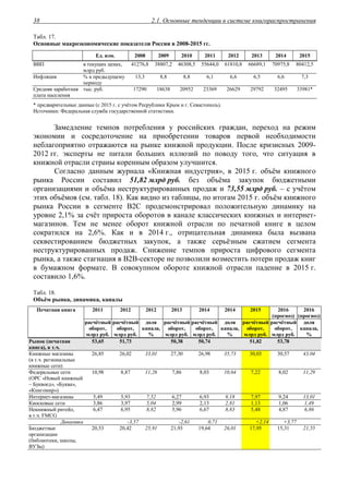 2.1. Основные тенденции в системе книгораспространения38
Табл. 17.
Основные макроэкономические показатели России в 2008-2015 гг.
Ед. изм. 2008 2009 2010 2011 2012 2013 2014 2015
ВВП в текущих ценах,
млрд руб.
41276,8 38807,2 46308,5 55644,0 61810,8 66689,1 70975,8 80412,5
Инфляция % к предыдущему
периоду
13,3 8,8 8,8 6,1 6,6 6,5 6,6 7,3
Средняя заработная
плата населения
тыс. руб. 17290 18638 20952 23369 26629 29792 32495 33981*
* предварительные данные (с 2015 г. с учётом Ресрублики Крым и г. Севастополь).
Источники: Федеральная служба государственной статистики.
Замедление темпов потребления у российских граждан, переход на режим
экономии и сосредоточение на приобретении товаров первой необходимости
неблагоприятно отражаются на рынке книжной продукции. После кризисных 2009-
2012 гг. эксперты не питали больших иллюзий по поводу того, что ситуация в
книжной отрасли страны коренным образом улучшится.
Согласно данным журнала «Книжная индустрия», в 2015 г. объём книжного
рынка России составил 51,82 млрд руб. без объёма закупок бюджетными
организациями и объёма неструктурированных продаж и 73,55 млрд руб. – с учётом
этих объёмов (см. табл. 18). Как видно из таблицы, по итогам 2015 г. объём книжного
рынка России в сегменте B2C продемонстрировал положительную динамику на
уровне 2,1% за счёт прироста оборотов в канале классических книжных и интернет-
магазинов. Тем не менее оборот книжной отрасли по печатной книге в целом
сократился на 2,6%. Как и в 2014 г., отрицательная динамика была вызвана
секвестированием бюджетных закупок, а также серьёзным сжатием сегмента
неструктурированных продаж. Снижение темпов прироста цифрового сегмента
рынка, а также стагнация в В2В-секторе не позволили возместить потери продаж книг
в бумажном формате. В совокупном обороте книжной отрасли падение в 2015 г.
составило 1,6%.
Табл. 18.
Объём рынка, динамика, каналы
2011 2012 2012 2013 2014 2014 2015 2016
(прогноз)
2016
(прогноз)
Печатная книга
расчётный
оборот,
млрд руб.
расчётный
оборот,
млрд руб.
доля
канала,
%
расчётный
оборот,
млрд руб.
расчётный
оборот,
млрд руб.
доля
канала,
%
расчётный
оборот,
млрд руб.
расчётный
оборот,
млрд руб.
доля
канала,
%
Рынок (печатная
книга), в т.ч.
53,65 51,73 50,38 50,74 51,82 53,78
Книжные магазины
(в т.ч. региональные
книжные сети)
26,85 26,02 33,01 27,30 26,98 35,73 30,03 30,57 43,04
Федеральные сети
(ОРС «Новый книжный
– Буквоед», «Буква»,
«Книгомир»)
10,98 8,87 11,26 7,86 8,03 10,64 7,22 8,02 11,29
Интернет-магазины 5,49 5,93 7,52 6,27 6,93 9,18 7,97 9,24 13,01
Киосковые сети 3,86 3,97 5,04 2,99 2,13 2,81 1,13 1,06 1,49
Некнижный ритейл,
в т.ч. FMCG
6,47 6,95 8,82 5,96 6,67 8,83 5,48 4,87 6,86
Динамика -3,57 -2,61 0,71 +2,14 +3,77
Бюджетные
организации
(библиотеки, школы,
ВУЗы)
20,53 20,42 25,91 21,93 19,64 26,01 17,95 15,31 21,55
 