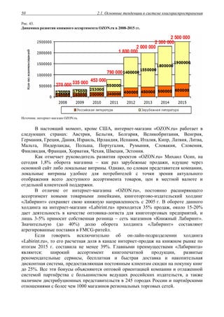 2.1. Основные тенденции в системе книгораспространения50
Рис. 43.
Динамика развития книжного ассортимента OZON.ru в 2008-2015 гг.
Источник: интернет-магазин OZON.ru.
В настоящий момент, кроме США, интернет-магазин «OZON.ru» работает в
следующих странах: Австрия, Бельгия, Болгария, Великобритания, Венгрия,
Германия, Греция, Дания, Израиль, Ирландия, Испания, Италия, Кипр, Латвия, Литва,
Мальта, Нидерланды, Польша, Португалия, Румыния, Словакия, Словения,
Финляндия, Франция, Хорватия, Чехия, Швеция, Эстония.
Как отмечает руководитель развития проектов «OZON.ru» Михаил Осин, на
сегодня 1,8% оборота магазина – как раз зарубежные продажи, идущие через
основной сайт либо локальные витрины. Однако, по словам представителя компании,
локальные витрины удобнее для потребителей с точки зрения актуального
отображения всего доступного ассортимента товаров, цен в местной валюте и
отдельной клиентской поддержки.
В отличие от интернет-магазина «OZON.ru», постоянно расширяющего
ассортимент новыми товарными линейками, книготоргово-издательский холдинг
«Лабиринт» сохраняет свою книжную направленность с 2005 г. В обороте данного
холдинга на интернет-магазин «Labirint.ru» приходится 35% продаж, около 15-20%
дает деятельность в качестве оптовика-логиста для книготорговых предприятий, и
лишь 3-5% приносит собственная розница – сеть магазинов «Книжный Лабиринт».
Значительную (до 40%) долю оборота холдинга «Лабиринт» составляют
агрегированные поставки в FMCG-ритейл.
Если говорить исключительно об он-лайн-подразделении холдинга
«Labirint.ru», то его расчетная доля в канале интернет-продаж на книжном рынке по
итогам 2015 г. составила не менее 39%. Главными преимуществами «Лабиринта»
являются: широкий ассортимент книгопечатной продукции, развитые
рекомендательные сервисы, бесплатная и быстрая доставка и накопительная
дисконтная система, предоставляющая постоянным клиентам скидки на покупку книг
до 25%. Все эти бонусы объясняются оптовой ориентацией компании и отлаженной
системой партнёрства с большинством ведущих российских издательств, а также
наличием дистрибуционных представительств в 245 городах России и партнёрскими
отношениями с более чем 1000 магазинов региональных торговых сетей.
 