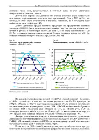 2.2. Показатели деятельности книготорговых предприятий в России58
снижения числа книг, представленных в торговых залах, за счёт увеличения
ассортимента некнижных товаров.
Любопытная картина складывается при анализе динамики числа покупателей
центральных и региональных книготорговых предприятий. Если с 2009 по 2011 гг.
наблюдался рост числа покупателей в книжных магазинах, то в последние годы
наблюдается их отток (см. рис. 45).
Анализ динамики продаж книжной продукции на предприятиях книжной
торговли в 2008-2015 гг. в целом повторяет динамику покупательских потоков: рост
продаж в рублях и экземплярах вплоть до 2011 г., а по числу наименований – до
2012 г., и снижение продаж в последние годы. Однако, следует отметить, что в 2015 г.
отмечен определённый рост книжных продаж (см. рис. 46).
Рис. 45.
Динамика числа покупателей в книжных
магазинах в 2008-2015 гг.,%
Рис. 46.
Динамика книжных продаж в 2008-2015 гг.,%
100
110 107
101
135
109
135
140
103
125
137139
151
149
136
90
100
110
120
130
140
150
160
2008
2009
2010
2011
2012
2013
2014
2015
%
Книготорговые предприятия Москвы и СПб
Региональные книготорговые предприятия
121
110
102
103
100
122
112
110
102
94
99
100
102
107
110
10197101
102
104 105 101
90
95
100
105
110
115
120
125
130
2008
2009
2010
2011
2012
2013
2014
2015
%
В рублях
В экземплярах
По количеству проданных наименований
Источник: данные компаний.
По данным объединённой розничной сети (ОРС) «Новый книжный – Буквоед»,
в 2015 г. средний чек в книжных магазинах увеличился на 10-15%, примерно до
500 руб. в Москве и 300 руб. в других регионах страны. Объём продаж в натуральном
выражении сохранился примерно на уровне 2014 г. ОРС «Новый книжный – Буквоед»
по итогам 2015 г. увеличила свои продажи на 15%, до 12 млрд руб., в 2016 г.
планирует увеличить объём продаж до 15 млрд руб. На книги приходится порядка
70% продаж, доля интернет-продаж в структуре оборота сети достигает 10%.
Данную тенденцию подтверждает и аналитическое исследование, проведенное
Ассоциацией книгораспространителей независимых государств (АСКР) совместно с
ГУП ОЦ «Московский дом книги» (МДК), согласно которому средний чек в книжных
магазинах Москвы в 2015 г. составил около 530 руб.
Кроме того, за 2015 г. на 66% увеличился покупательский спрос на литературу
по истории и современному политическому устройству России в книжных магазинах
 