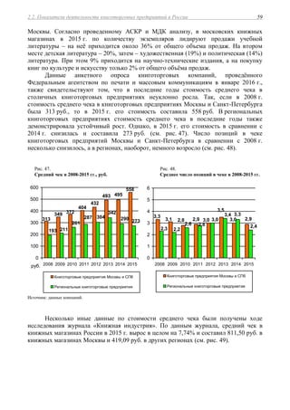 2.2. Показатели деятельности книготорговых предприятий в России 59
Москвы. Согласно проведенному АСКР и МДК анализу, в московских книжных
магазинах в 2015 г. по количеству экземпляров лидируют продажи учебной
литературы – на неё приходится около 36% от общего объема продаж. На втором
месте детская литература – 20%, затем – художественная (19%) и политическая (14%)
литература. При этом 9% приходится на научно-технические издания, а на покупку
книг по культуре и искусству только 2% от общего объёма продаж.
Данные анкетного опроса книготорговых компаний, проведённого
Федеральным агентством по печати и массовым коммуникациям в январе 2016 г.,
также свидетельствуют том, что в последние годы стоимость среднего чека в
столичных книготорговых предприятиях неуклонно росла. Так, если в 2008 г.
стоимость среднего чека в книготорговых предприятиях Москвы и Санкт-Петербурга
была 313 руб., то в 2015 г. его стоимость составила 558 руб. В региональных
книготорговых предприятиях стоимость среднего чека в последние годы также
демонстрировала устойчивый рост. Однако, в 2015 г. его стоимость в сравнении с
2014 г. снизилась и составила 273 руб. (см. рис. 47). Число позиций в чеке
книготорговых предприятий Москвы и Санкт-Петербурга в сравнении с 2008 г.
несколько снизилось, а в регионах, наоборот, немного возросло (см. рис. 48).
Рис. 47.
Средний чек в 2008-2015 гг., руб.
Рис. 48.
Среднее число позиций в чеке в 2008-2015 гг.
495
558
493
432
313
349 372
404
290 273
342
304287
193 211
261
0
100
200
300
400
500
600
2008 2009 2010 2011 2012 2013 2014 2015руб.
Книготорговые предприятия Москвы и СПб
Региональные книготорговые предприятия
2,93,0
3,3
3,1 2,92,8 3,0
3,5
3,3
2,42,6
2,22,3
2,8
3,0
3,4
0
1
2
3
4
5
6
2008 2009 2010 2011 2012 2013 2014 2015
Книготорговые предприятия Москвы и СПб
Региональные книготорговые предприятия
Источник: данные компаний.
Несколько иные данные по стоимости среднего чека были получены ходе
исследования журнала «Книжная индустрия». По данным журнала, средний чек в
книжных магазинах России в 2015 г. вырос в целом на 7,74% и составил 811,50 руб. в
книжных магазинах Москвы и 419,09 руб. в других регионах (см. рис. 49).
 