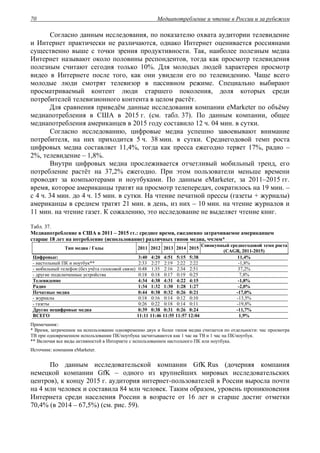 Медиапотребление и чтение в России и за рубежом70
Согласно данным исследования, по показателю охвата аудитории телевидение
и Интернет практически не различаются, однако Интернет оценивается россиянами
существенно выше с точки зрения продуктивности. Так, наиболее полезным медиа
Интернет называют около половины респондентов, тогда как просмотр телевидения
полезным считают сегодня только 10%. Для молодых людей характерен просмотр
видео в Интернете после того, как они увидели его по телевидению. Чаще всего
молодые люди смотрят телевизор в пассивном режиме. Специально выбирают
просматриваемый контент люди старшего поколения, доля которых среди
потребителей телевизионного контента в целом растёт.
Для сравнения приведём данные исследования компании eMarketer по объёму
медиапотребления в США в 2015 г. (см. табл. 37). По данным компании, общее
медиапотребления американцев в 2015 году составило 12 ч. 04 мин. в сутки.
Согласно исследованию, цифровые медиа успешно завоевывают внимание
потребителя, на них приходится 5 ч. 38 мин. в сутки. Среднегодовой темп роста
цифровых медиа составляет 11,4%, тогда как пресса ежегодно теряет 17%, радио –
2%, телевидение – 1,8%.
Внутри цифровых медиа прослеживается отчетливый мобильный тренд, его
потребление растёт на 37,2% ежегодно. При этом пользователи меньше времени
проводят за компьютерами и ноутбуками. По данным eMarketer, за 2011–2015 гг.
время, которое американцы тратят на просмотр телепередач, сократилось на 19 мин. –
с 4 ч. 34 мин. до 4 ч. 15 мин. в сутки. На чтение печатной прессы (газеты + журналы)
американцы в среднем тратят 21 мин. в день, из них – 10 мин. на чтение журналов и
11 мин. на чтение газет. К сожалению, это исследование не выделяет чтение книг.
Табл. 37.
Медиапотребление в США в 2011 – 2015 гг.: среднее время, ежедневно затрачиваемое американцем
старше 18 лет на потребление (использование) различных типов медиа, чч:мм*
Тип медиа / Годы 2011 2012 2013 2014 2015
Совокупный среднегодовой темп роста
(CAGR, 2011-2015)
Цифровые: 3:40 4:20 4:51 5:15 5:38 11,4%
- настольный ПК и ноутбук** 2:33 2:27 2:19 2:22 2:22 -1,8%
- мобильный телефон (без учёта голосовой связи) 0:48 1:35 2:16 2:34 2:51 37,2%
- другие подключенные устройства 0:18 0:18 0:17 0:19 0:25 7,8%
Телевидение 4:34 4:38 4:31 4:22 4:15 -1,8%
Радио 1:34 1:32 1:30 1:28 1:27 -2,0%
Печатные медиа 0:44 0:38 0:32 0:26 0:21 -17,0%
- журналы 0:18 0:16 0:14 0:12 0:10 -13,5%
- газеты 0:26 0:22 0:18 0:14 0:11 -19,8%
Другие нецифровые медиа 0:39 0:38 0:31 0:26 0:24 -11,7%
ВСЕГО 11:11 11:46 11:55 11:57 12:04 1,9%
Примечания::
* Время, затраченное на использование одновременно двух и более типов медиа считается по отдельности: час просмотра
ТВ при одновременном использовании ПК/ноутбука засчитываются как 1 час на ТВ и 1 час на ПК/ноутбук.
** Включая все виды активностей в Интернете с использованием настольного ПК или ноутбука.
Источник: компания eMarketer.
По данным исследовательской компании GfK Rus (дочерняя компания
немецкой компании GfK – одного из крупнейших мировых исследовательских
центров), к концу 2015 г. аудитория интернет-пользователей в России выросла почти
на 4 млн человек и составила 84 млн человек. Таким образом, уровень проникновения
Интернета среди населения России в возрасте от 16 лет и старше достиг отметки
70,4% (в 2014 – 67,5%) (см. рис. 59).
 