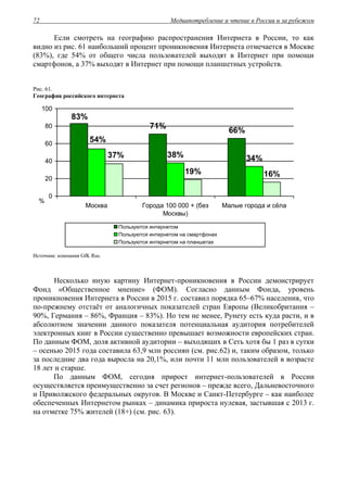 Медиапотребление и чтение в России и за рубежом72
Если смотреть на географию распространения Интернета в России, то как
видно из рис. 61 наибольший процент проникновения Интернета отмечается в Москве
(83%), где 54% от общего числа пользователей выходят в Интернет при помощи
смартфонов, а 37% выходят в Интернет при помощи планшетных устройств.
Рис. 61.
География российского интернета
66%
71%
83%
34%38%
54%
16%19%
37%
0
20
40
60
80
100
Москва Города 100 000 + (без
Москвы)
Малые города и сёла
%
Пользуются интернетом
Пользуются интернетом на смартфонах
Пользуются интернетом на планшетах
Источник: компания GfK Rus.
Несколько иную картину Интернет-проникновения в России демонстрирует
Фонд «Общественное мнение» (ФОМ). Согласно данным Фонда, уровень
проникновения Интернета в России в 2015 г. составил порядка 65–67% населения, что
по-прежнему отстаёт от аналогичных показателей стран Европы (Великобритания –
90%, Германия – 86%, Франция – 83%). Но тем не менее, Рунету есть куда расти, и в
абсолютном значении данного показателя потенциальная аудитория потребителей
электронных книг в России существенно превышает возможности европейских стран.
По данным ФОМ, доля активной аудитории – выходящих в Сеть хотя бы 1 раз в сутки
– осенью 2015 года составила 63,9 млн россиян (см. рис.62) и, таким образом, только
за последние два года выросла на 20,1%, или почти 11 млн пользователей в возрасте
18 лет и старше.
По данным ФОМ, сегодня прирост интернет-пользователей в России
осуществляется преимущественно за счет регионов – прежде всего, Дальневосточного
и Приволжского федеральных округов. В Москве и Санкт-Петербурге – как наиболее
обеспеченных Интернетом рынках – динамика прироста нулевая, застывшая с 2013 г.
на отметке 75% жителей (18+) (см. рис. 63).
 