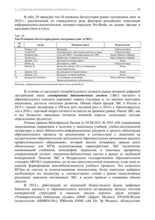 3.2. Тенденции развития рынка электронных книг 83
В табл. 39 приведён топ-10 книжных бестселлеров рынка электронных книг за
2015 г., рассчитанный по совокупности ряда факторов российским отраслевым
информационно-аналитическим интернет-порталом Pro-Books на основе продаж в
магазинах Ozon и Litres.
Табл. 39.
Топ-10 книжных бестселлеров рынка электронных книг за 2015 г.
№
п/п
Автор Название книги Издательство
1. Робертс Г.Д. Шантарам Азбука-Аттикус
2. Талеб Н.Н. Антихрупкость. Как извлечь выгоду из хаоса Азбука-Аттикус
3. Кауфман Дж. Сам себе MBA. Самообразование на 100% Манн, Иванов и Фербер
4. Халилов Д. Маркетинг в социальных сетях Манн, Иванов и Фербер
5. Джеймс Э.Л. Пятьдесят оттенков серого Эксмо
6. Мойес Д. До встречи с тобой Азбука-Аттикус
7. Вуйчич Н. Жизнь без границ. Путь к потрясающе
счастливой жизни
Эксмо
8. Джеймс Э.Л. На пятьдесят оттенков темнее Эксмо
9. Джеймс Э.Л. Пятьдесят оттенков свободы Эксмо
10. Батырев М. (Комбат) 45 татуировок менеджера.
Правила российского руководителя
Манн, Иванов и Фербер
Источник: информационно-аналитический портал www.pro-books.ru.
В отличие от растущего потребительского сегмента рынка книжной цифровой
дистрибуции ниша электронных библиотечных систем (ЭБС) научного и
образовательного контента переживет период стагнации и, по мнению некоторых
аналитиков, достигла «потолка» развития. Общий объём продаж ЭБС в России в
2015 г. оценен экспертами в 550 млн руб. (нулевой рост к 2014 г.). Прогнозируется,
что в 2016 г. торговый оборот сегмента останется на прежнем уровне. Рынок ЭБС, как
и все бюджетно зависимые сегменты книжной отрасли, испытывает сегодня
определенные трудности.
Отмена приказа Минобрнауки России от 05.09.2011 № 1953 «Об утверждении
лицензионных нормативов к наличию у лицензиата учебной, учебно-методической
литературы и иных библиотечно-информационных ресурсов и средств обеспечения
образовательного процесса по реализуемым в соответствии с лицензией на
осуществление образовательной деятельности образовательным программам высшего
профессионального образования», который жестко оговаривал прежде всего
обязательные для ВУЗа количественные характеристики ЭБС (количество
наименований учебников, монографий, журналов), в одночасье превратила
упорядоченный сегмент электронно-библиотечных систем в рынок со свободной
конкуренцией. Понятие ЭБС в Федеральном государственном образовательном
стандарте (ФГОС) сохранилось, но не как самостоятельный показатель, а как один из
каналов формирования книгообеспеченности учебного процесса. Это позволило
ВУЗам не гнаться за количественными показателями, более тщательно выбирать
необходимую им литературу и, соответственно, отсеяв с рынка спекулятивные
рекламные заявления поставщиков ЭБС, в целом привело к снижению объема
закупок.
В 2015 г. работающий по подписной бизнес-модели рынок цифровых
библиотек научного и образовательного контента по-прежнему обладал плотной
конкурентной структурой и немалым числом игроков, среди которых
«Университетская библиотека онлайн» (ООО «Директ Медиа»), ZNANIUM.сom
(издательство «ИНФРА-М»), IPRbooks (ООО «Ай Пи Эр Медиа»), «Консультант
 