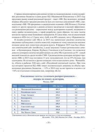 ‹ 55 ›
Стараясь минимизировать рекламные потери на падающем рынке, и консолидиро-
вать рекламные бюджеты в одних руках ИД «Московский Комсомолец» в 2015 году
предложил рынку новый рекламный продукт – пакет «МК. Все включено», который
впервые объединил продажи рекламы во всех его газетных (ежедневной «МК», еже-
недельнике «МК+ТВ программа» и еженедельных изданиях «МК-Регион»). Отличие
пакета от других продуктов в данном сегменте заключается в высокой эффективно-
сти размещения рекламы – пересечения между аудиториями изданий, входящими в
пакет, крайне незначительны, а тариф разработан таким образом, что цена тысячи
контактов гораздо ниже ближайших конкурентов. В 2 раза ниже, чем на аналогичной
площади в «КП» (w), в 1,5 раза, чем у АиФ, и на 40% дешевле, чем у «Взрывпакета».
В онлайн-сегменте сайт Mk.ru за 2015 год значительно увеличил количество
ежедневно публикуемых статей и новостей, сохраняя по этому показателю высокие
позиции среди всех новостных ресурсов рунета. В феврале 2015 года был обнов-
лен тематический сайт АвтоВзгляд, а далее запущено 5 новых региональных доме-
нов – в Калининграде, Кирове, Кузбассе, Смоленске и на Сахалине, что позволило
довести суммарное количество работающих на сайте Mk.ru регионов до 59 – самый
высокий показатель среди онлайн СМИ. Среднемесячная аудитория интернет-про-
ектов «МК» в 2015 году составила 13 млн. пользователей, что на 25% больше, чем
годом ранее. Не остаются и другие площадки этого издательского дома – WomanHit.
ru, «Охота и рыбалка. XXI век», сайт «Российской охотничьей газеты». При этом
пул интернет проектов ИД «МК» имеет положительную динамику по объему при-
влеченных рекламных бюджетов – +12% к 2014 году на все проекты в целом и до
+16% по отдельным площадкам (как, например, mk.ru).
Ежедневные газеты с платным распространением –
лидеры по охвату аудитории,
Москва, AIR*
№/п Наименование газет AIR, тыс чел AIR, %
1. Московский Комсомолец 481,9 4,7
2. Российская газета 162,3 1,6
3. Спорт-Экспресс 119,4 1,2
4. Коммерсантъ 113,7 1,1
5. Ведомости 111,9 1,1
6. РБК (газета) 109,5 1,1
7. Советский спорт 106,8 1
8. Известия 101,8 1
9. The Moscow Times 39,8 0,4
*Ежедневная газета «Комсомольская правда» не участвует в этом исследовании
Источник: TNS, NRS-Москва (16+) Май – Октябрь 2015 г.
 