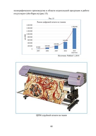 48
полиграфического производства в области издательской продукции в работе
отсутствуют (sbo-Paper.ru) (рис.15).
Рис.15
Источник: Publish 7, 2014
ЦПМ струйной печати на ткани
20 000
100 000
230 000
470 000
1 390 000
0
200 000
400 000
600 000
800 000
1 000 000
1 200 000
1 400 000
1 600 000
1997 2002 2007 2012 2017
(прогноз)
м2,1000
Рынок цифровой печати по тканям
 