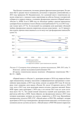 37
Чем больше телеканалов, тем выше уровень фрагментации аудитории. По дан-
ным АЦ Vi, среднее число телеканалов, доступных в городских домохозяйствах, в
2015 году превысило 50. Неудивительно, что «длинный хвост» тематических ка-
налов «отрастает» с каждым годом, перетягивая на себя все больше телезрителей,
отбирая их в первую очередь у основных федеральных каналов («Первый канал»,
«Россия 1», НТВ). Если в 2008 году на «большую тройку» каналов приходилось
суммарно более половины от всего объема телепотребления (51 %), то в 2015 году –
уже только треть (37 %). За последний год суммарная доля аудитории «большой
тройки» федеральных каналов сократилась весьма существенно – на 2,5 процент-
ных пункта, причем ответственность за это несут все три федеральных канала (Ри-
сунок 11).
Рисунок 11. Суммарные доли аудитории по группам телеканалов, 2008–2015 годы, %
Источник: данные исследовательской компании TNS
(В группу «тематические каналы» включено: «Измеряемое тематическое ТВ» +
RU.TV + МИР).
«Первый канал» и «Россия 1», аудитории которых в 2014 году выросли благо-
даря повышенному интересу населения к информационным программам и олим-
пийским трансляциям, в 2015 году вновь «упали» до уровня 2013 года. В этом же
ряду стоит снижение доли канала «Россия 24» после 2,5-кратного роста в 2014
году, хотя и 2015 году доля аудитории канала осталась довольно высокой. Канал
НТВ теряет свою аудиторию с 2010 года, и по итогам 2015 года его доля соста-
вила всего 10,1 %. Это самый низкий показатель годовой доли аудитории, кото-
рый когда-либо был у НТВ. Таким образом, все федеральные каналы в 2015 годы
потеряли аудиторию, которую им удалось «нарастить» в 2014 году. Крупнейшие
коммерческие телесети (ТНТ, СТС, «Пятый канал» и РЕН ТВ), наоборот: потеряв
аудиторию в 2014 году в конкуренции с федеральными каналами, в отчетном году в
основном смогли «устоять на месте». «Пятый канал» и РЕН ТВ немного нарастили
 