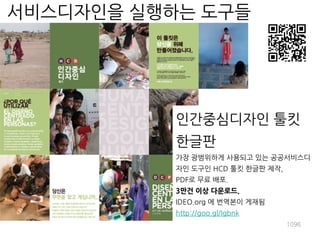 인간중심디자인 툴킷
한글판
가장 광범위하게 사용되고 있는 공공서비스디
자인 도구인 HCD 툴킷 한글판 제작,
PDF로 무료 배포.
3만건 이상 다운로드.
IDEO.org 에 번역본이 게재됨
http://goo.gl/Igbnk
1096
서비스디자인을 실행하는 도구들
 