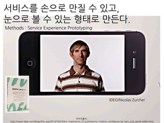Methods : Service Experience Prototyping
서비스를 손으로 만질 수 있고,
눈으로 볼 수 있는 형태로 만든다.
IDEO/Nicolas Zurcher
이미지출처 :
http://www.slate.com/blogs/the_eye/2013/10/23/the_importance_of_prototyping_creative_confidence_by_tom_and_david_kelley.html
 