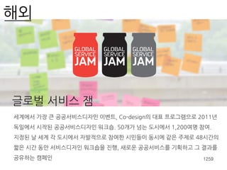 1259
글로벌 서비스 잼
세계에서 가장 큰 공공서비스디자인 이벤트, Co-design의 대표 프로그램으로 2011년
독일에서 시작된 공공서비스디자인 워크숍. 50개가 넘는 도시에서 1,200여명 참여.
지정된 날 세계 각 도시에서 자발적으로 참여한 시민들이 동시에 같은 주제로 48시간의
짧은 시간 동안 서비스디자인 워크숍을 진행, 새로운 공공서비스를 기획하고 그 결과를
공유하는 캠페인
해외
 