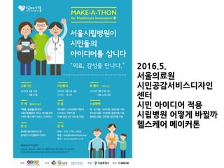 2016.5.
서울의료원
시민공감서비스디자인
센터
시민 아이디어 적용
시립병원 어떻게 바뀔까
헬스케어 메이커톤
 