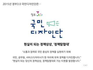 현실이 되는 정책상상, ‘정책탐험대’
“현실이 되는 당신의 정책상상, 정책탐험대로 가는 티켓을 발권합니다.”
“소통과 참여로 국민 중심의 정책을 실현하기 위해
국민, 공무원, 서비스디자이너가 한 자리에 모여 정책을 디자인합니다.”
2015년 정부3.0 국민디자인단은…
1347
 