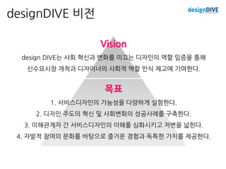 Vision
design DIVE는 사회 혁신과 변화를 이끄는 디자인의 역할 입증을 통해
신수요시장 개척과 디자이너의 사회적 역할 인식 제고에 기여한다.
목표
1. 서비스디자인의 가능성을 다양하게 실험한다.
2. 디자인 주도의 혁신 및 사회변화의 성공사례를 구축한다.
3. 이해관계자 간 서비스디자인의 이해를 심화시키고 저변을 넓힌다.
4. 자발적 참여의 문화를 바탕으로 즐거운 경험과 독특한 가치를 제공한다.
designDIVE 비전
 