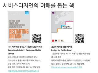 서비스디자인의 이해를 돕는 책
공공의 이익을 위한 디자인
Design for Public Good
'공공부문 디자인 사다리 사용' 단계별 추진 방법
과 사례 소개
영국 디자인카운슬, 덴마크디자인센터, 디자인웨
일즈, 핀란드 알토대학. 2013년 4월 발행.
http://cafe.naver.com/usable/2612
다시 시작하는 영국2. 디자인과 공공서비스
Restarting Britain 2. Design and Public
Service
공공서비스와 서비스디자인과의 만남.
디자인이 왜 공공서비스를 도와야 하는가.
유럽 여러 국가의 사례 소개.
영국 디자인카운슬 등. 2013년 3월 발행.
http://cafe.naver.com/usable/2610
 