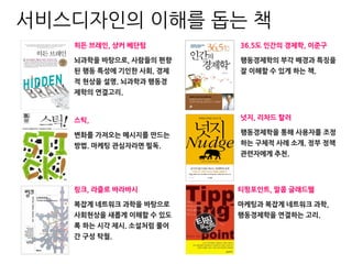 히든 브레인, 샹커 베단텀
뇌과학을 바탕으로, 사람들의 편향
된 행동 특성에 기인한 사회, 경제
적 현상을 설명. 뇌과학과 행동경
제학의 연결고리.
넛지, 리차드 탈러
행동경제학을 통해 사용자를 조정
하는 구체적 사례 소개. 정부 정책
관련자에게 추천.
스틱,
변화를 가져오는 메시지를 만드는
방법. 마케팅 관심자라면 필독.
36.5도 인간의 경제학, 이준구
행동경제학의 부각 배경과 특징을
잘 이해할 수 있게 하는 책.
링크, 라즐로 바라바시
복잡계 네트워크 과학을 바탕으로
사회현상을 새롭게 이해할 수 있도
록 하는 시각 제시. 소설처럼 풀어
간 구성 탁월.
티핑포인트, 말콤 글래드웰
마케팅과 복잡계 네트워크 과학,
행동경제학을 연결하는 고리.
서비스디자인의 이해를 돕는 책
 
