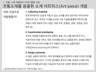 1. Collecting materials
한국적이면서도 손쉽게 구할 수 있는 소재를 모아 창의적인 아이디어의
원천으로 삼고, 모아진 소재를 손쉬운 가공 기술을 활용해 아트피스를
만들기 위한 재료로 쓴다.(당면, 마른 미역, 연꽃잎, 삼베, 잣껍질, 한지,
호두 등)
2. Experimental prototyping
주어진 재료를 이용해 한국의 문화와 경험, 미(美)를 염두에 두거나
직관적으로 마음 내키는 대로 오브제를 만드는 실험을 한다. 완성된 형태가
목적이 아니라 아이디어를 마구 만들어 내어 보는 실험적‘핸드
스토밍(Hand storming)’의 단계이다.
3. Design outcomes
수 많은 실험적 아트피스 제작 결과물을 놓고 현대적 소재와 디자인 언어를
대입하여 발전시킨다. 디자인 결과물은 한국과 전통, 본래의 소재로서의
기능과 가치를 넘어 첨단 기술과의 만남으로 진화한 형태로 정리되었다.
어떤 과정으로
개발했을까?
전통소재를 응용한 소재 아트피스(Art-piece) 개발
* 금오공과대학교 김선아 교수 자료 중 발췌. 2013
C. 부품, 소재 개발에서 디자인 활용 사례
 